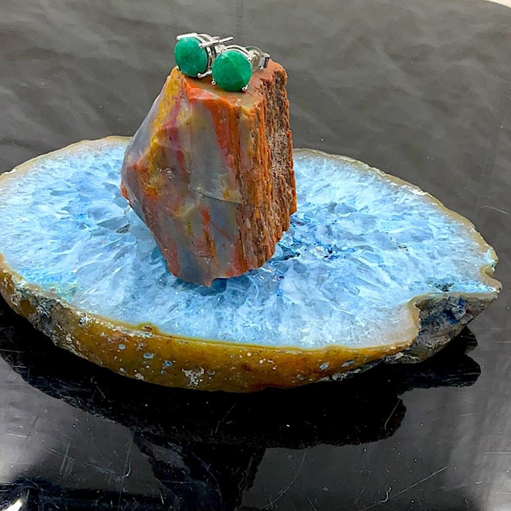 Sterling Silver Natural Emerald Gemstone Pierced Post Earrings.